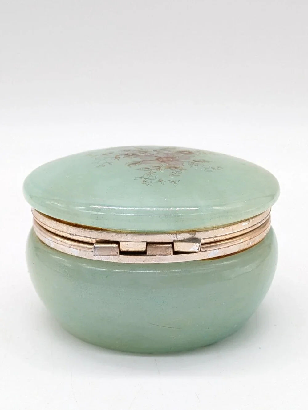 Vintage Green Floral Hand Carved Alabaster Hinged Trinket Dish